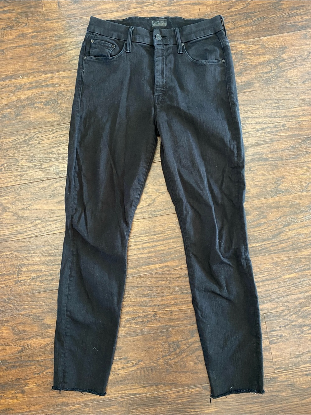 MOTHER Black Skinny Jeans with Raw Hem Detail